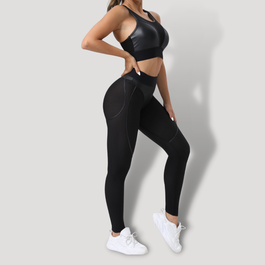 Conjunto de ropa deportiva para mujer: traje de malla sexy para entrenamiento, con transparencias y tela lycra. - BELOVECRAFT