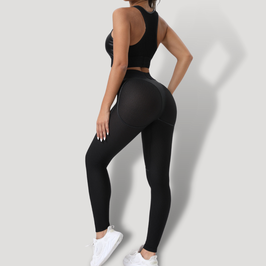 Conjunto de ropa deportiva para mujer: traje de malla sexy para entrenamiento, con transparencias y tela lycra. - BELOVECRAFT