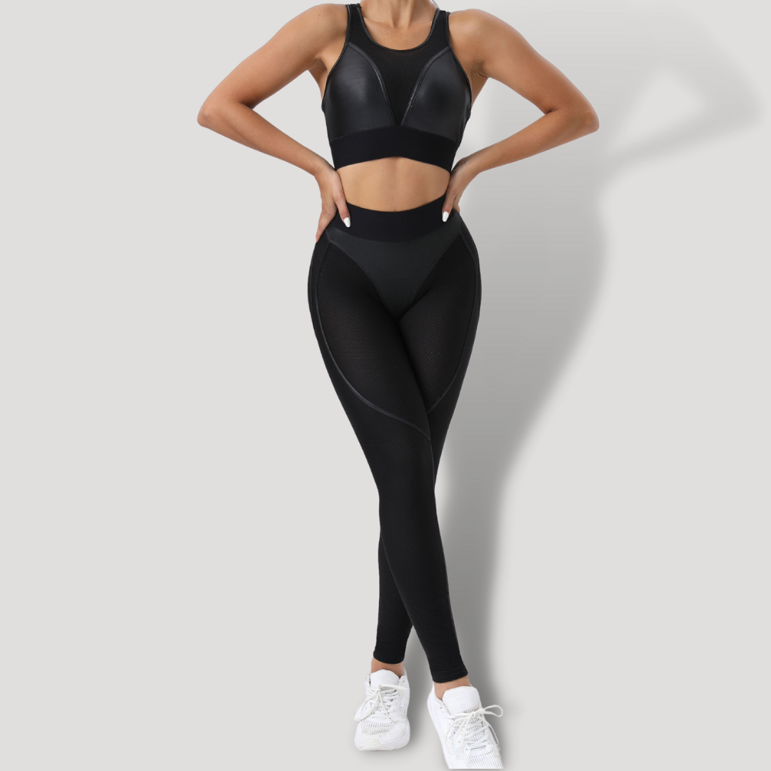 Conjunto de ropa deportiva para mujer: traje de malla sexy para entrenamiento, con transparencias y tela lycra. - BELOVECRAFT